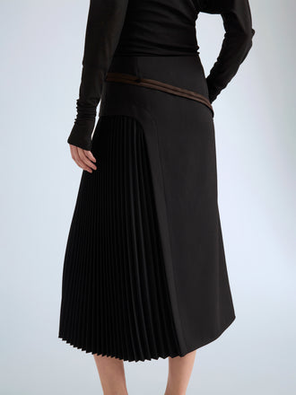 Proenza Schouler Detail image of model wearing Justine Skirt in Bonded Wool Satin in Black Mink