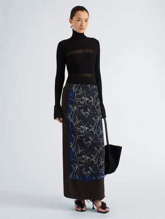 Proenza Schouler Front full length image of model wearing Anais Skirt in Printed Stretch Cady in Ink Multi