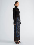 Proenza Schouler Side full length image of model wearing Anais Skirt in Printed Stretch Cady in Ink Multi