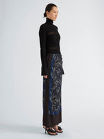 Proenza Schouler Side full length image of model wearing Anais Skirt in Printed Stretch Cady in Ink Multi