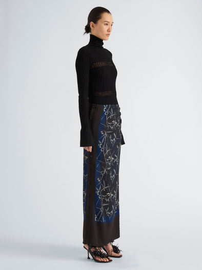 Proenza Schouler Side full length image of model wearing Anais Skirt in Printed Stretch Cady in Ink Multi