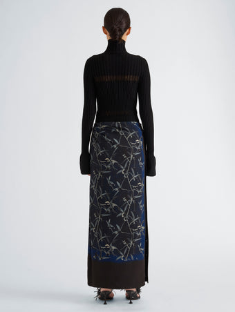 Proenza Schouler Back full length image of model wearing Anais Skirt in Printed Stretch Cady in Ink Multi
