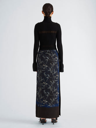 Proenza Schouler Back full length image of model wearing Anais Skirt in Printed Stretch Cady in Ink Multi