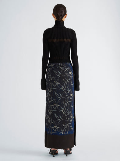 Proenza Schouler Back full length image of model wearing Anais Skirt in Printed Stretch Cady in Ink Multi