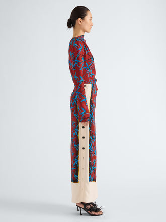 Proenza Schouler Side full length image of model wearing Anais Skirt in Printed Stretch Cady in Madder Multi