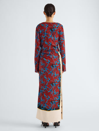 Proenza Schouler Back full length image of model wearing Anais Skirt in Printed Stretch Cady in Madder Multi