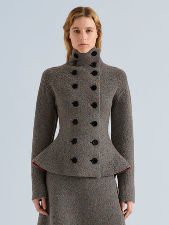 Proenza Schouler Front cropped image of model wearing Capucine Jacket in Donegal Knit in Blue Multi
