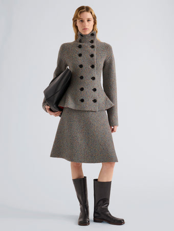 Proenza Schouler Front full length image of model wearing Capucine Jacket in Donegal Knit in Blue Multi