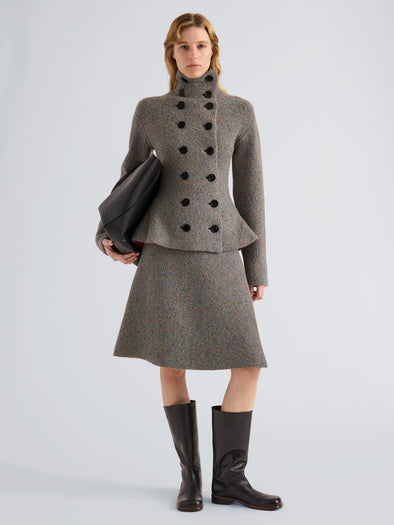 Proenza Schouler Front full length image of model wearing Capucine Jacket in Donegal Knit in Blue Multi