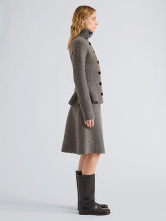 Proenza Schouler Side full length image of model wearing Capucine Jacket in Donegal Knit in Blue Multi