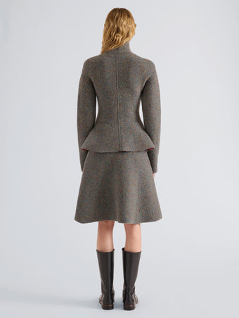 Proenza Schouler Back full length image of model wearing Capucine Jacket in Donegal Knit in Blue Multi