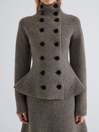 Proenza Schouler Detail image of model wearing Capucine Jacket in Donegal Knit in Blue Multi