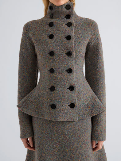 Proenza Schouler Detail image of model wearing Capucine Jacket in Donegal Knit in Blue Multi