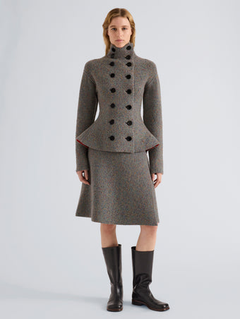 Proenza Schouler Front full length image of model wearing Daria Jacket In Plaid Wool Suiting in Grey Multi