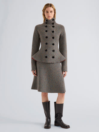 Proenza Schouler Front full length image of model wearing Daria Jacket In Plaid Wool Suiting in Grey Multi