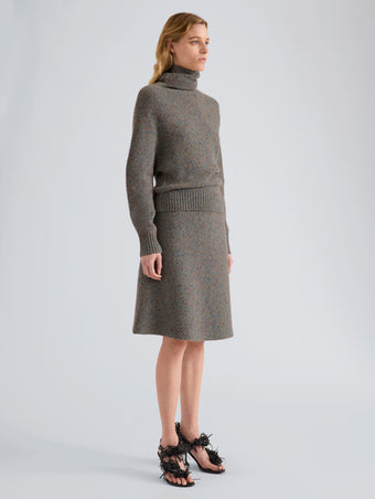 Proenza Schouler Side full length image of model wearing Capucine Skirt in Donegal Knit in Blue Multi