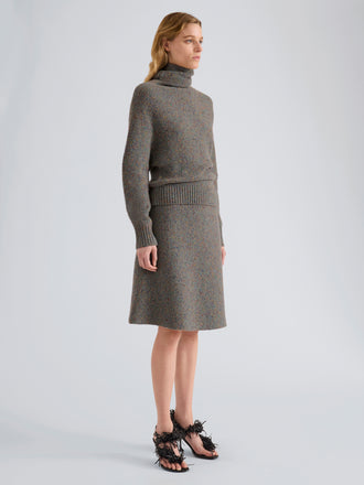 Proenza Schouler Side full length image of model wearing Capucine Skirt in Donegal Knit in Blue Multi