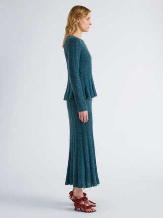Proenza Schouler Side full length image of model wearing Joelle Top in Looped Mohair in Blue Multi