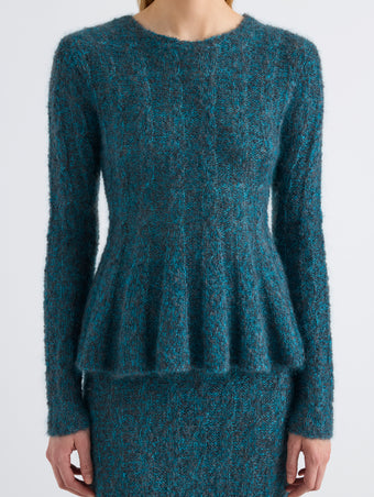 Proenza Schouler Detail image of model wearing Joelle Top in Looped Mohair in Blue Multi