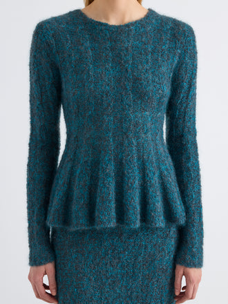 Proenza Schouler Detail image of model wearing Joelle Top in Looped Mohair in Blue Multi