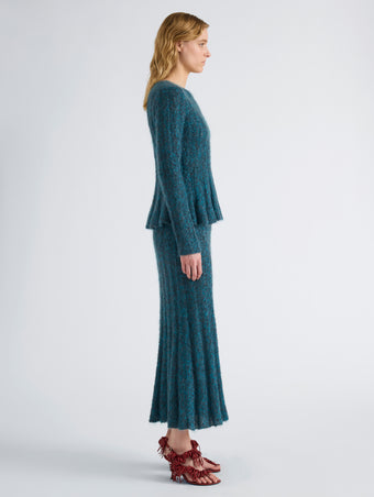 Proenza Schouler Side full length image of model wearing Joelle Skirt in Looped Mohair in Blue Multi