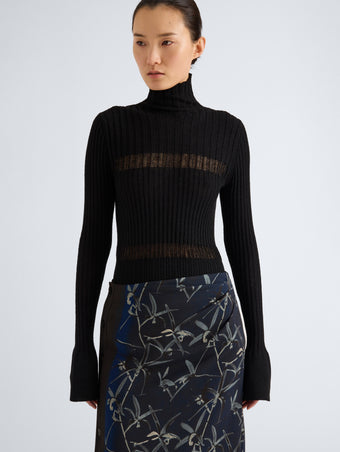 Proenza Schouler Detial Image of model wearing Rosario Top in Textured Merino Wool in Black 