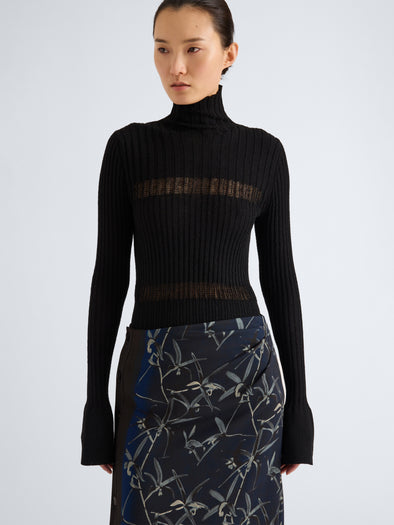 Proenza Schouler Detial Image of model wearing Rosario Top in Textured Merino Wool in Black 