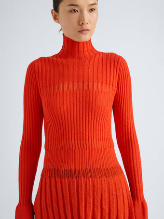 Proenza Schouler Detail image of model wearing Rosario Top in Textured Merino Wool in Orange