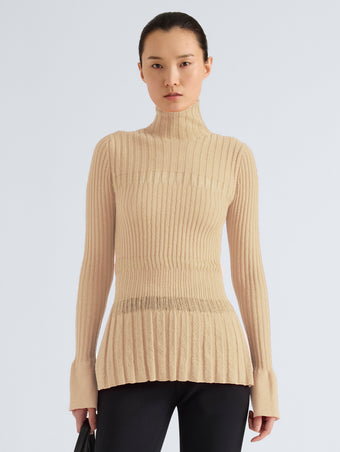 Proenza Schouler Front cropped image of model wearing Rosario Top in Textured Merino Wool in Taupe