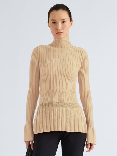 Proenza Schouler Front cropped image of model wearing Rosario Top in Textured Merino Wool in Taupe