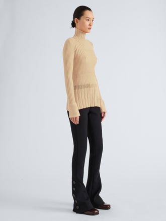 Proenza Schouler Side full length image of model wearing Rosario Top in Textured Merino Wool in Taupe