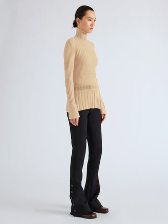 Proenza Schouler Side full length image of model wearing Rosario Top in Textured Merino Wool in Taupe