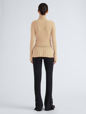 Proenza Schouler Back full length image of model wearing Rosario Top in Textured Merino Wool in Taupe