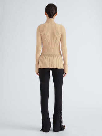 Proenza Schouler Back full length image of model wearing Rosario Top in Textured Merino Wool in Taupe