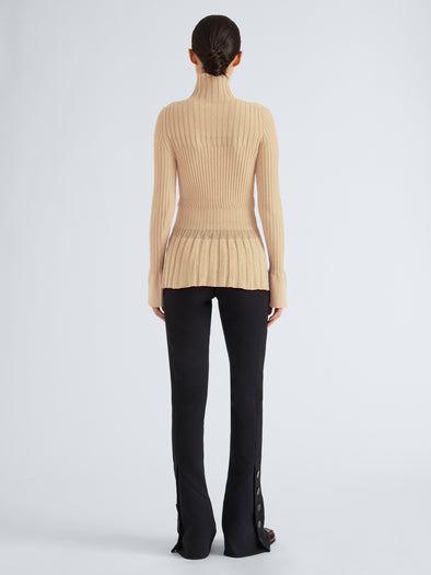Proenza Schouler Back full length image of model wearing Rosario Top in Textured Merino Wool in Taupe