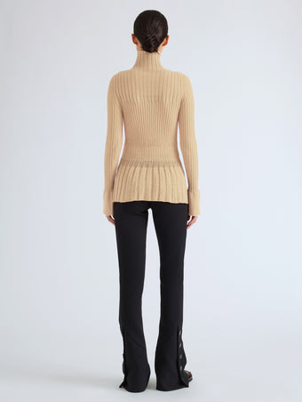 Proenza Schouler Back full length image of model wearing Rosario Top in Textured Merino Wool in Taupe