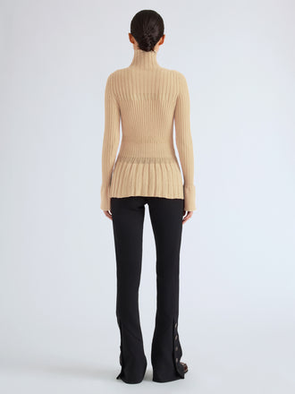 Proenza Schouler Back full length image of model wearing Rosario Top in Textured Merino Wool in Taupe