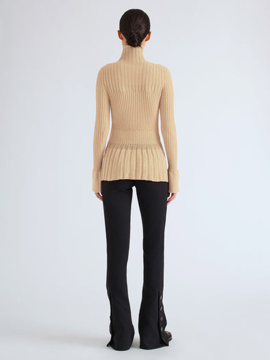 Proenza Schouler Back full length image of model wearing Rosario Top in Textured Merino Wool in Taupe