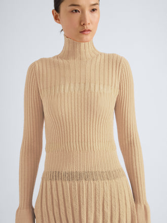 Proenza Schouler Detail image of model wearing Rosario Top in Textured Merino Wool in Taupe