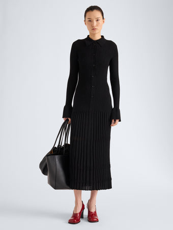 Proenza Schouler Front full length image of model wearing Rosario Dress in Textured Merino Wool in Black