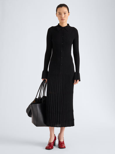Proenza Schouler Front full length image of model wearing Rosario Dress in Textured Merino Wool in Black