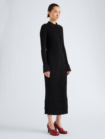 Proenza Schouler Side full length image of model wearing Rosario Dress in Textured Merino Wool in Black