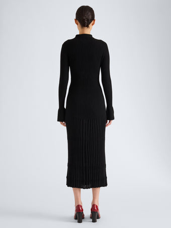 Proenza Schouler Back full length image of model wearing Rosario Dress in Textured Merino Wool in Black