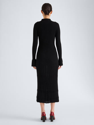 Proenza Schouler Back full length image of model wearing Rosario Dress in Textured Merino Wool in Black