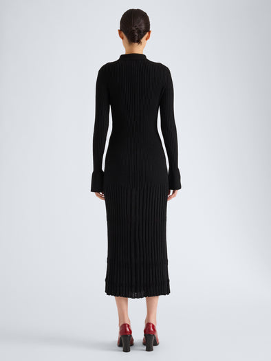 Proenza Schouler Back full length image of model wearing Rosario Dress in Textured Merino Wool in Black