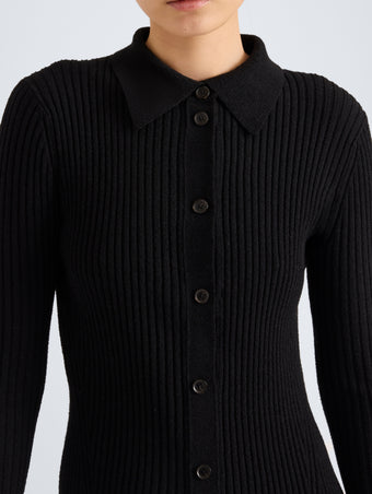 Proenza Schouler Detail image of model wearing Rosario Dress in Textured Merino Wool in Black