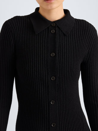 Proenza Schouler Detail image of model wearing Rosario Dress in Textured Merino Wool in Black