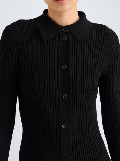 Proenza Schouler Detail image of model wearing Rosario Dress in Textured Merino Wool in Black