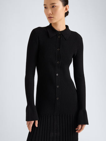 Proenza Schouler Front full length image of model wearing Verretta Coat In Alpaca Coating in Sky Blue