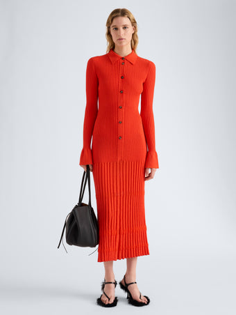 Proenza Schouler Front full length image of model wearing Rosario Dress in Textured Merino Wool in Orange
